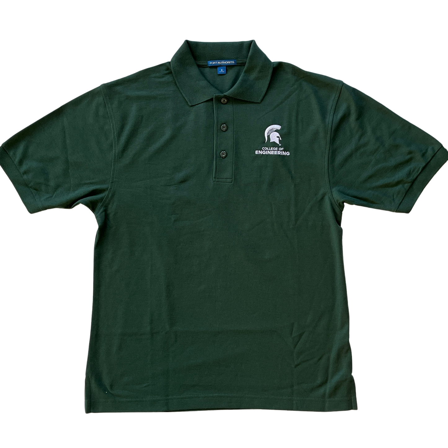 Dark green three-button polo shirt with Spartan Helmet and block text reading "College of Engineering" embroidered in white on left chest.