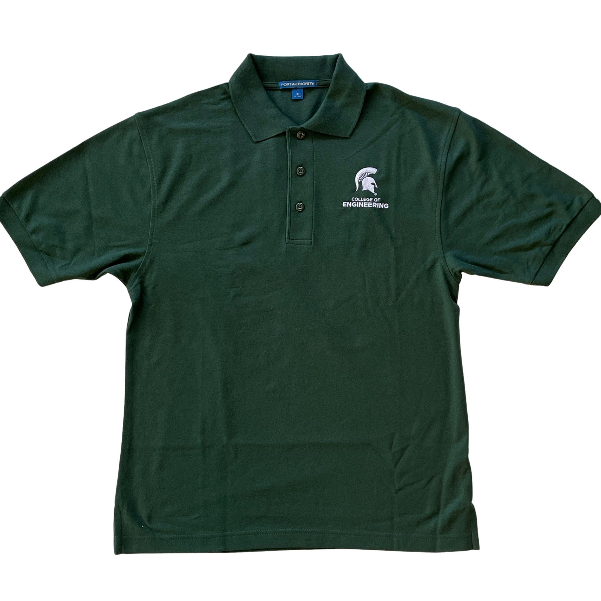 Dark green three-button polo shirt with Spartan helmet and block text reading "College of Engineering" embroidered in white on left chest