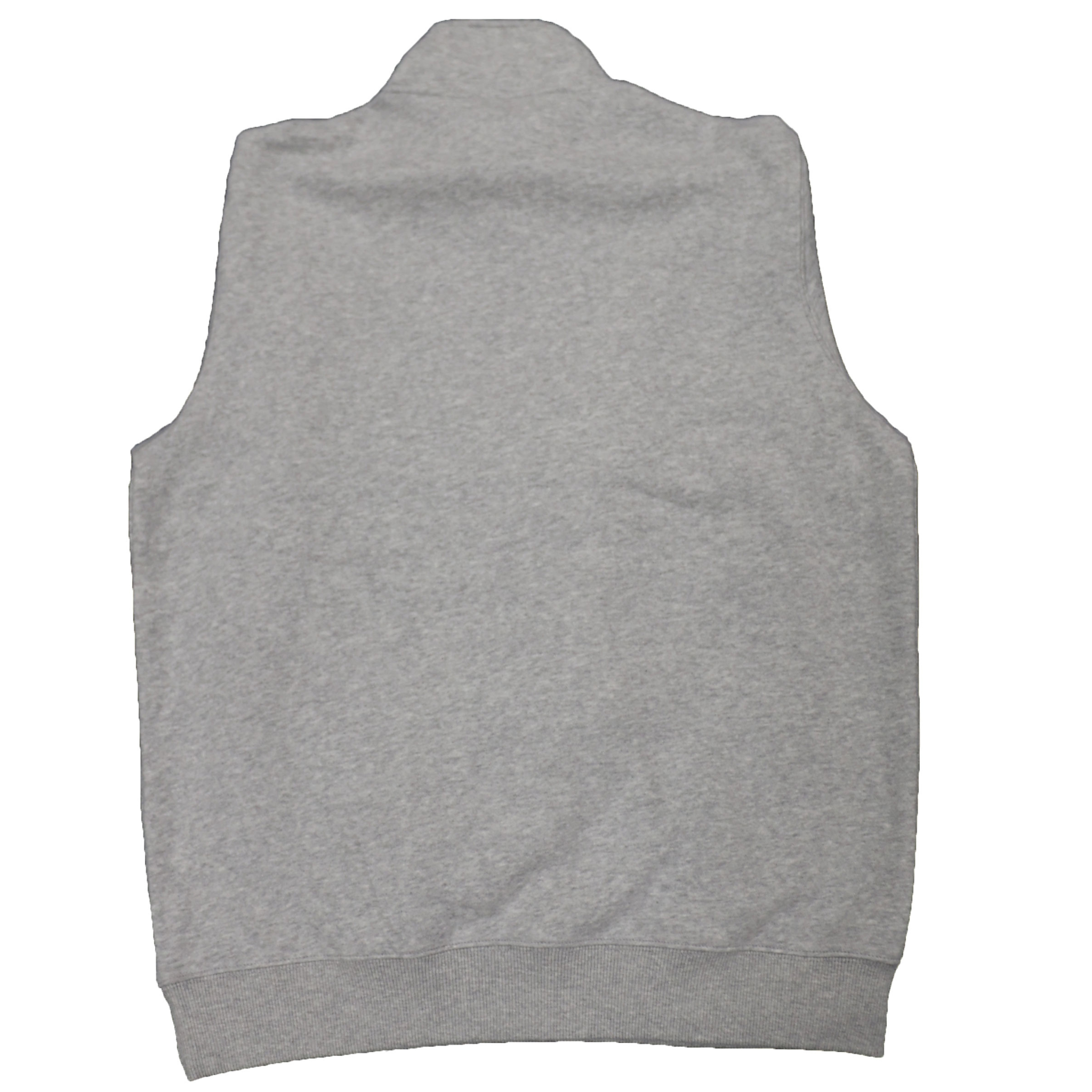 The back of a heather gray quarter zip sweatshirt.