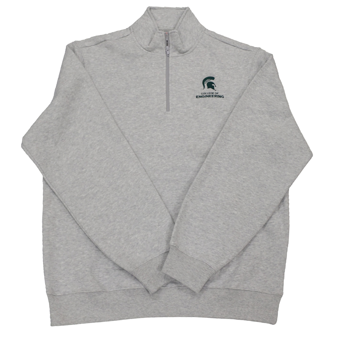 A heather gray quarter-zip sweatshirt. On the right chest is a green embroidered Spartan Helmet logo with "College of Engineering" written underneath in green. 
