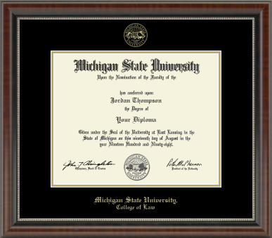 The diploma is displayed in a dark wood frame with gold accents and a black matte. 'Michigan State University, College of Law' is printed in gold lettering at the bottom of the frame.