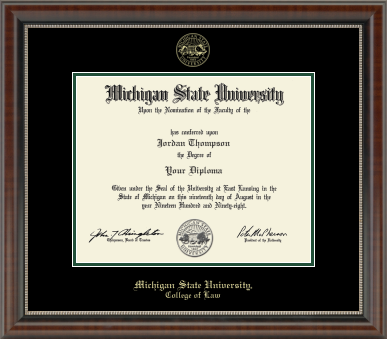 The diploma is displayed in a dark wood frame with green accents and a black matte. 'Michigan State University, College of Law' is printed in gold lettering at the bottom of the frame. Gold embossed Michigan State University seal. 