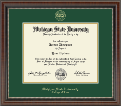The diploma is displayed in a dark wood frame with gold accents and a tartan green matte. "Michigan State University, College of Law" is printed in gold lettering at the bottom of the frame. Gold embossed Michigan State University Seal at top. 