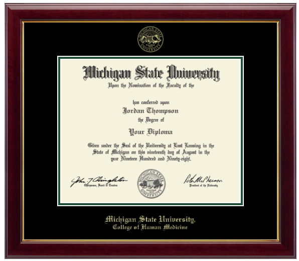 The diploma is enclosed in a dark wood frame with a black matte and green trim. 'Michigan State University' is printed in gold lettering at the bottom center of the frame. Below in gold lettering 'College of Human Medicine'