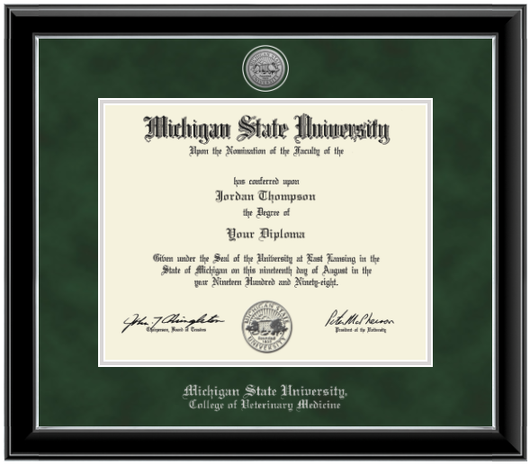 Black diploma frame with silver inner lining. Green suede matts with silver lining around opening for diploma. Silver engraved Michigan State University seal at top of matting. In silver letters "Michigan State University" at the bottom of matting. Below that in silver letters "College of Veterinary Medicine."