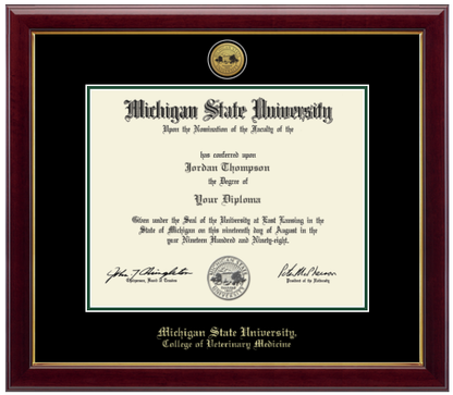 Framed Michigan State University diploma in a dark wood frame with a gold inner edge. The matte is black with a green inner border surrounding the diploma. Michigan State seal is at the top of matte and is gold engraved. "Michigan State University" is inscribed in gold at the bottom of the frame. Below Michigan State University is "College of Veterinary Medicine."