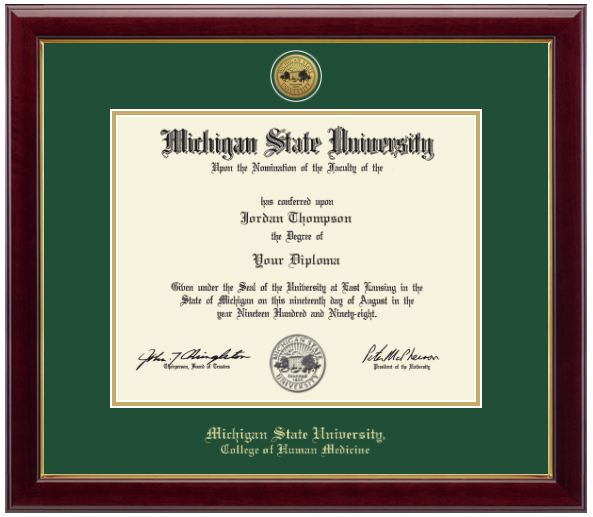 Framed Michigan State University diploma in a dark wood frame with a gold inner edge. The matte is tartan green with a gold inner border surrounding the diploma. Michigan State Seal is at the top of matte and is gold engraved. 'Michigan State University' is inscribed in gold at the bottom of the frame. Below Michigan State University is 'College of Human Medicine'.