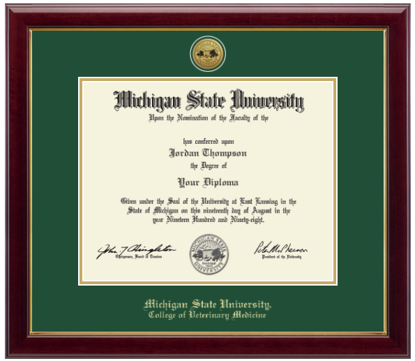 Framed Michigan State University diploma in a dark wood frame with a gold inner edge. The matte is tartan green with a gold inner border surrounding the diploma. Michigan State Seal is at the top of matte and is gold engraved. 'Michigan State University' is inscribed in gold at the bottom of the frame. Below Michigan State University is 'College of Veterinary Medicine'.