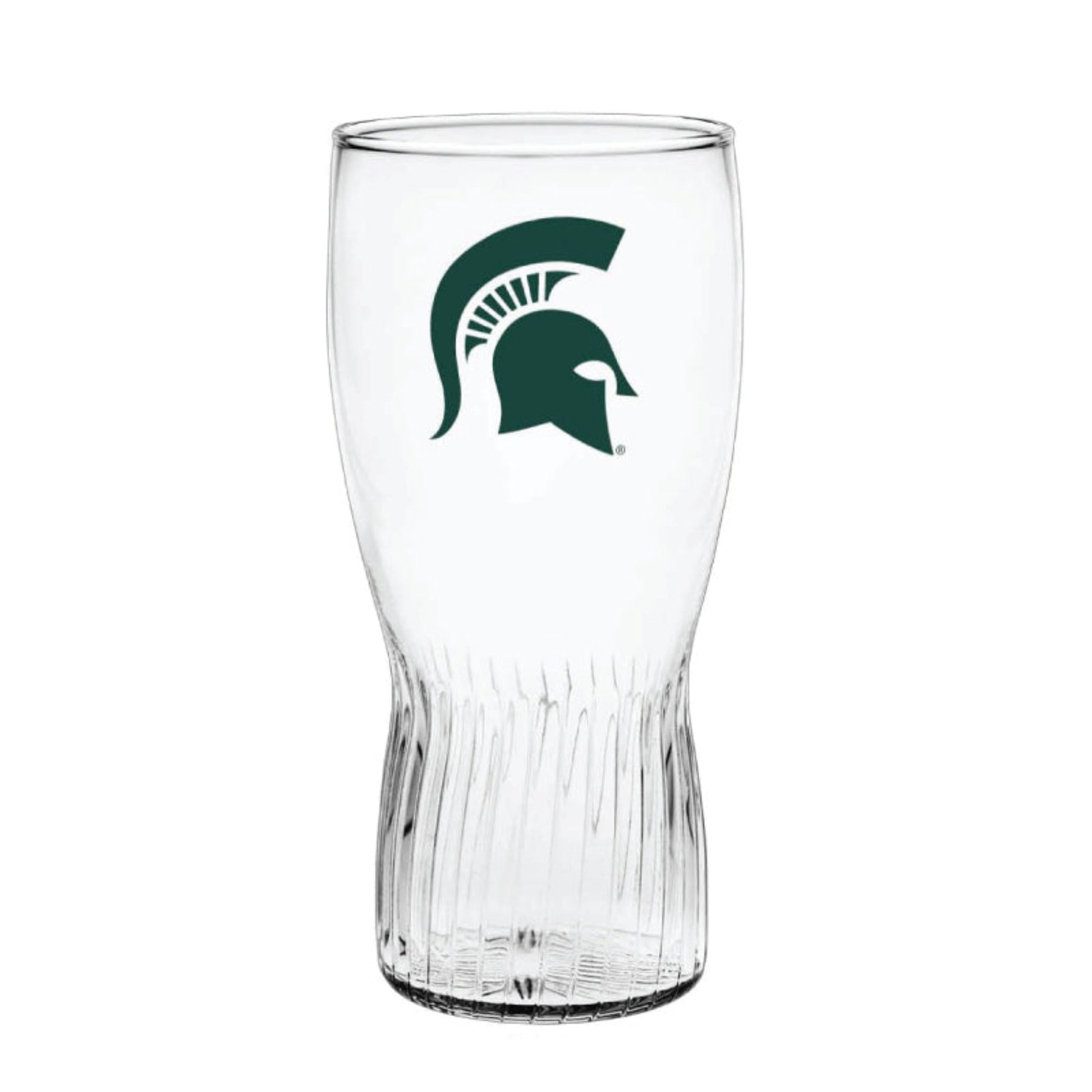 Clear glass with vertical grooves at the base, featuring the Michigan State University green Spartan Helmet logo printed on the upper portion.