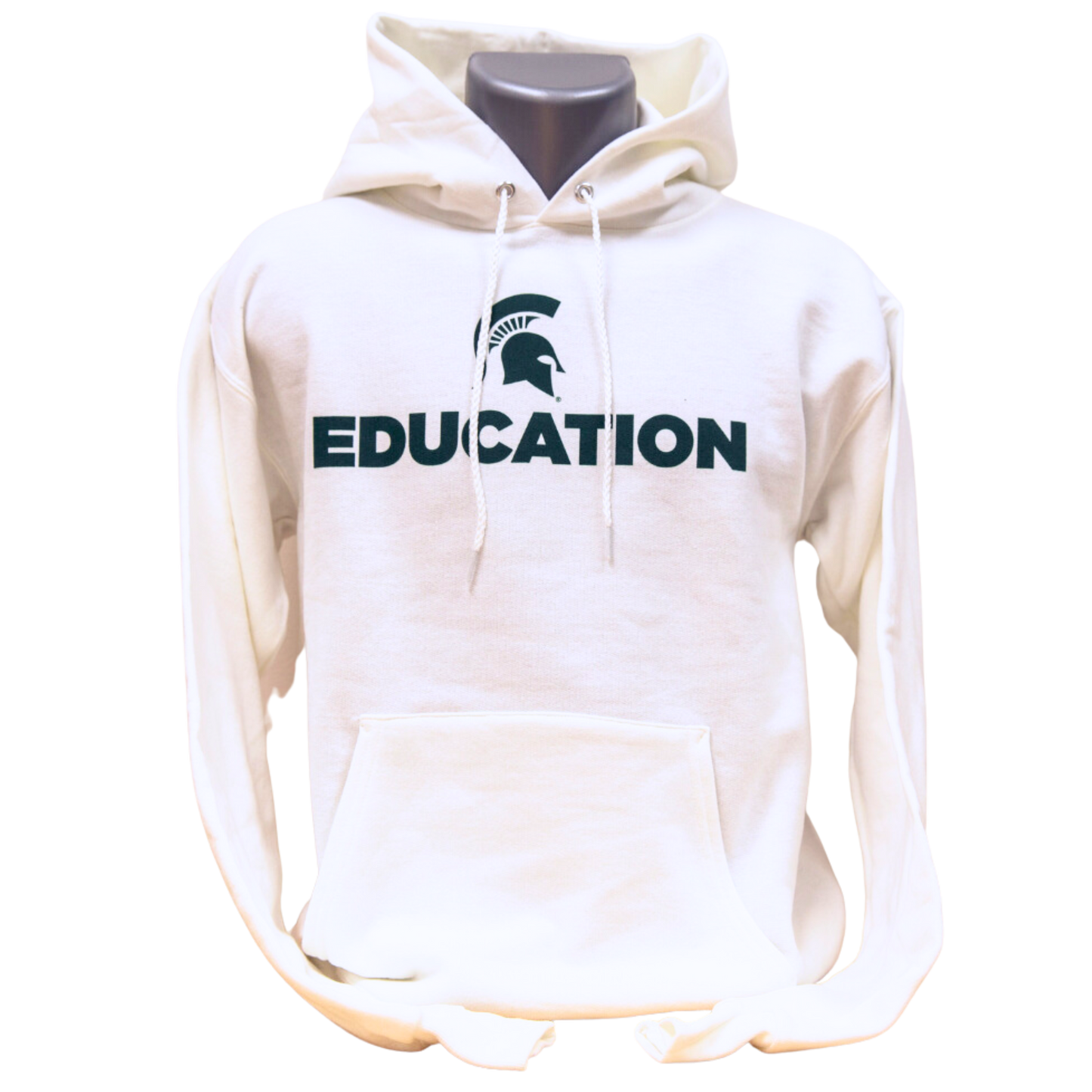 White hooded sweatshirt with green text that reads "Education" and a green Spartan Helmet logo above the text. Sweatshirt has a large pocket on the front and drawstrings on the hood. Shown on a mannequin. 