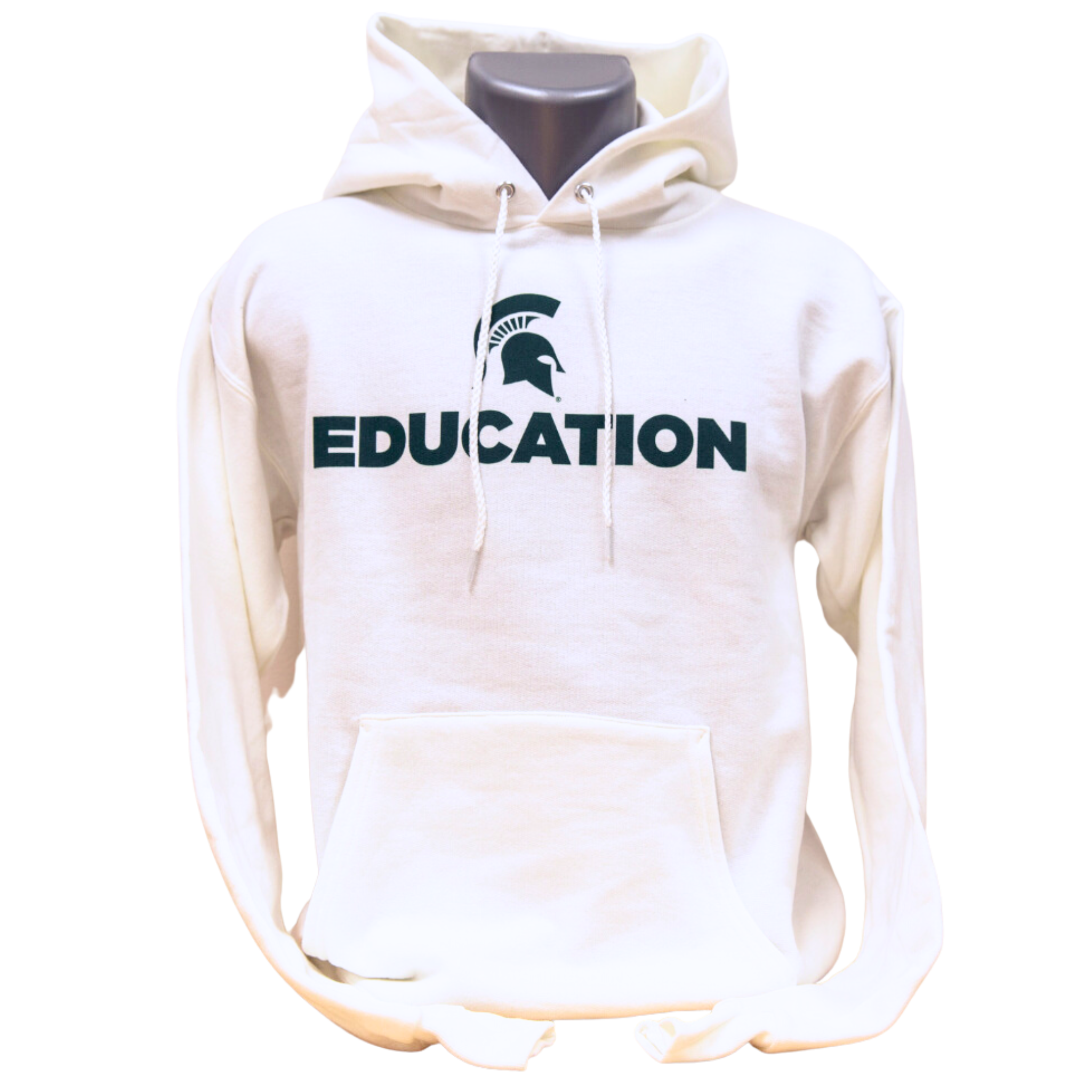 White hooded sweatshirt with green text that reads "Education" with a green Spartan helmet above the text. Sweatshirt has a large pocket on the front and draw strings on the hood.