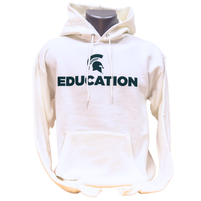 White hooded sweatshirt with green text that reads "Education" and a green Spartan Helmet logo above the text. Sweatshirt has a large pocket on the front and drawstrings on the hood. Shown on a mannequin. 