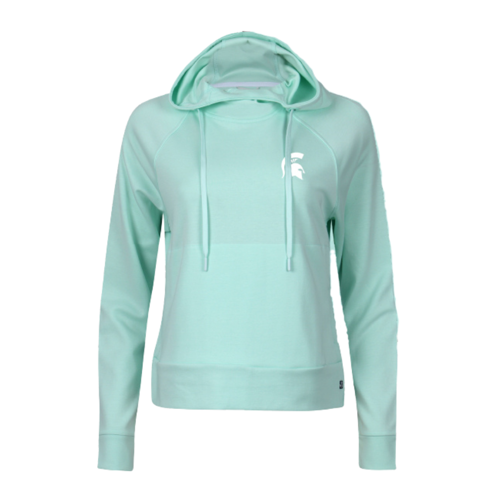 Light blue hoodie with two drawstrings, a middle pocket, and white Spartan Helmet logo on the upper left chest. 