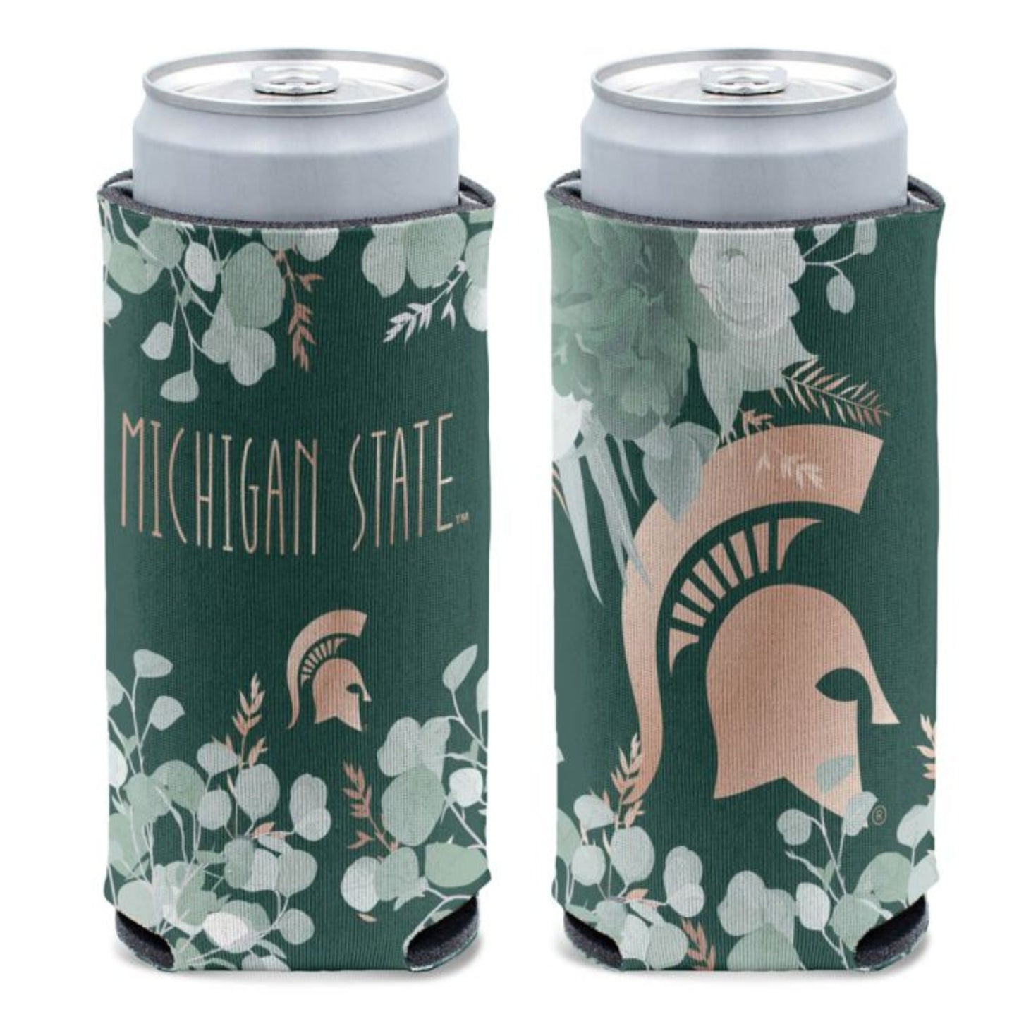 Two Michigan State slim can coolers with a floral design, one with a large Spartan Helmet and one that reads "Michigan State" with a small Spartan helmet.