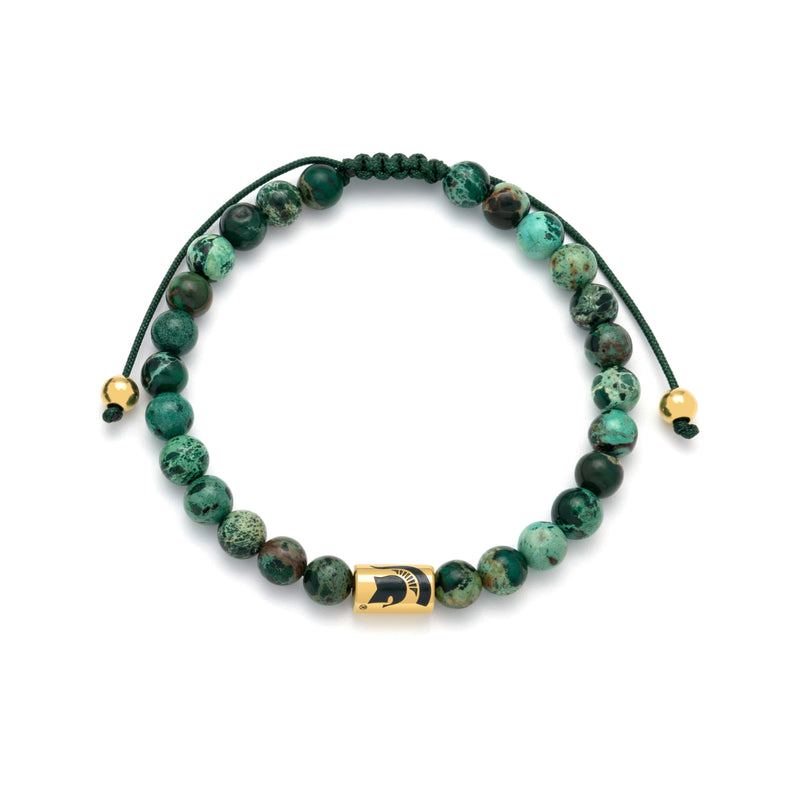 Green and black beaded bracelet with gold Spartan helmet charm.