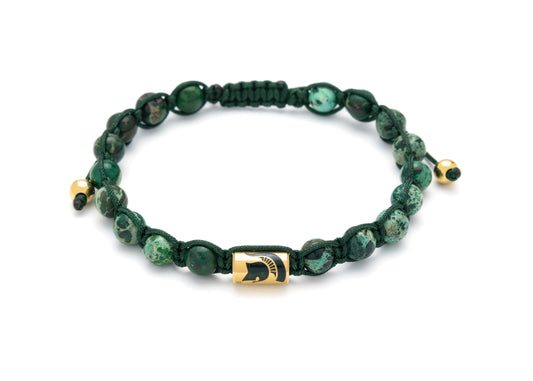 Green and black beaded bracelet with a gold Spartan helmet charm.