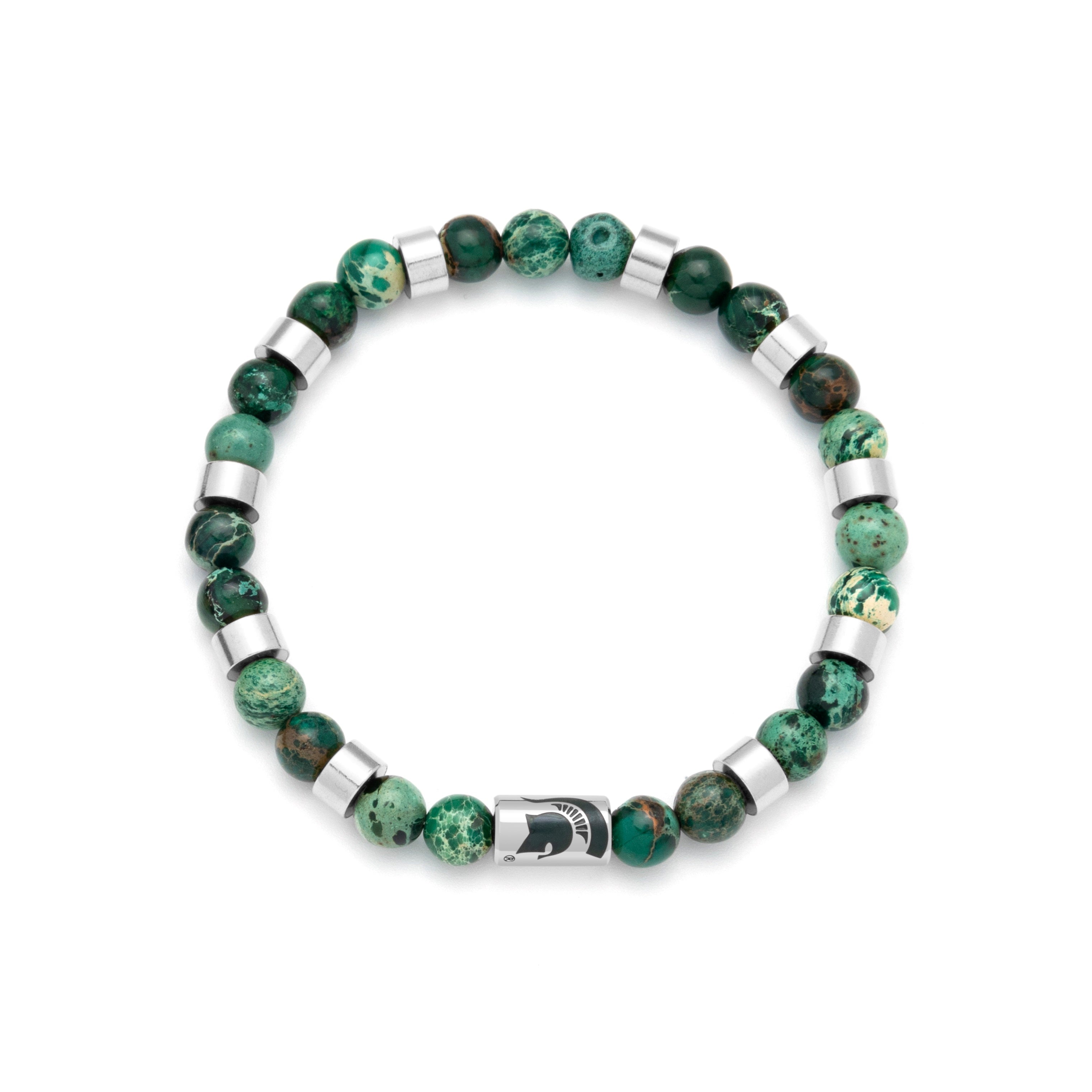 Green and black beaded bracelet with silver Spartan helmet charm.