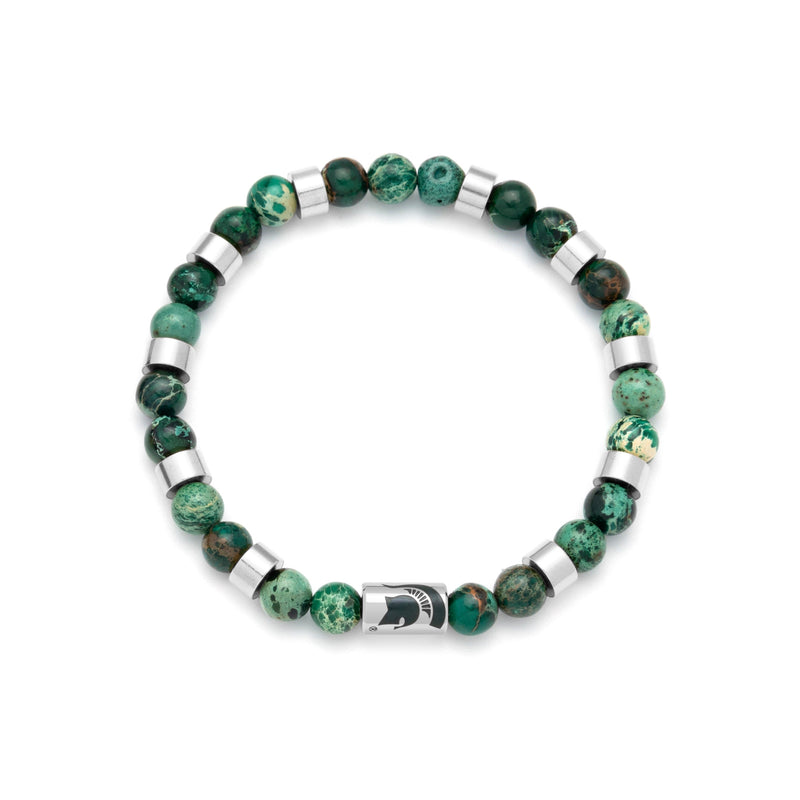 Green and black beaded bracelet with silver Spartan helmet charm.