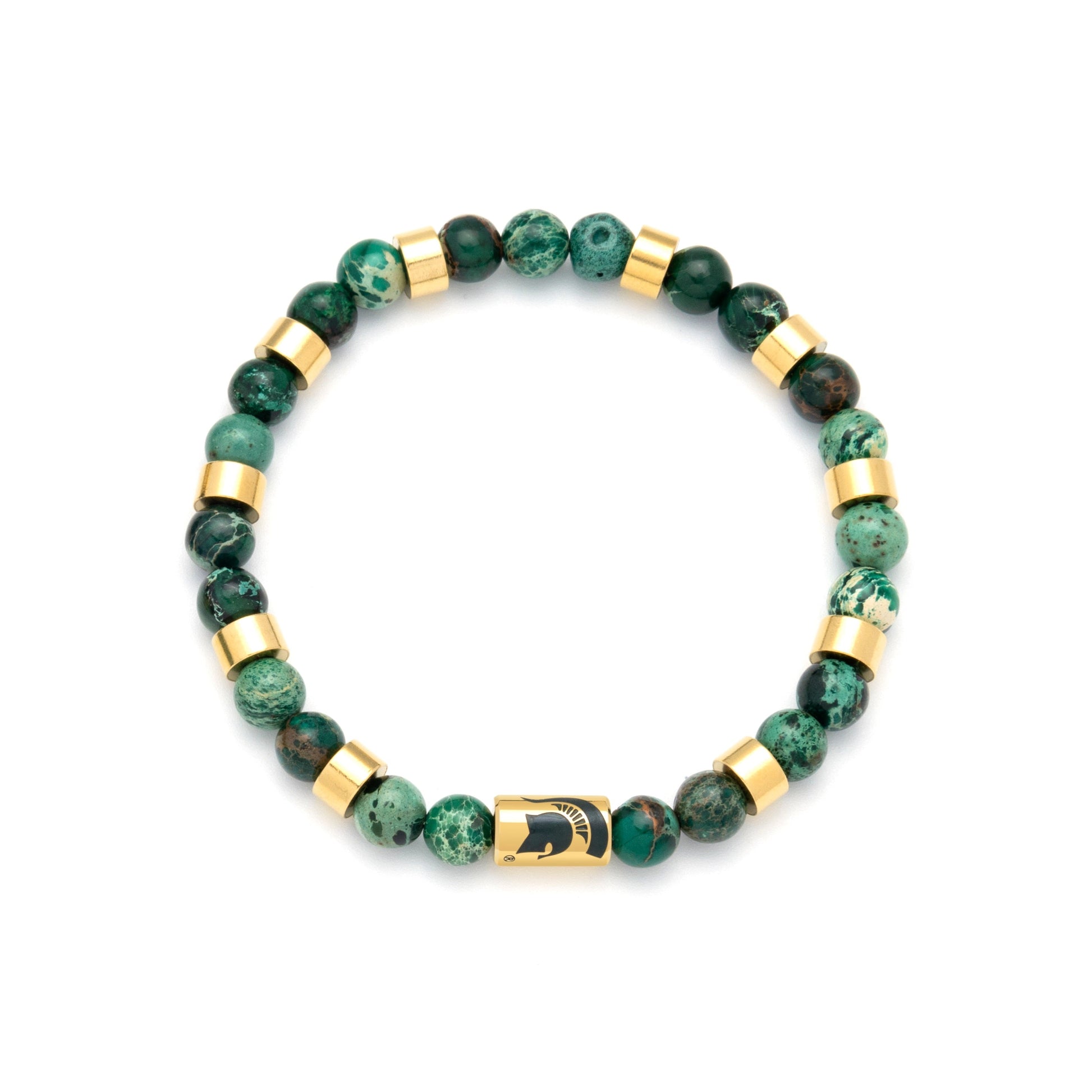 Green, gold, and black beaded bracelet with a gold Spartan Helmet charm.