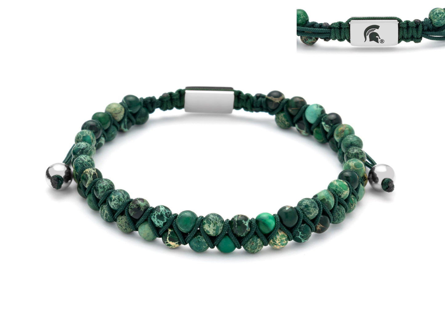 Green and dark green double beaded pull bracelet with silver Spartan Helmet charm.