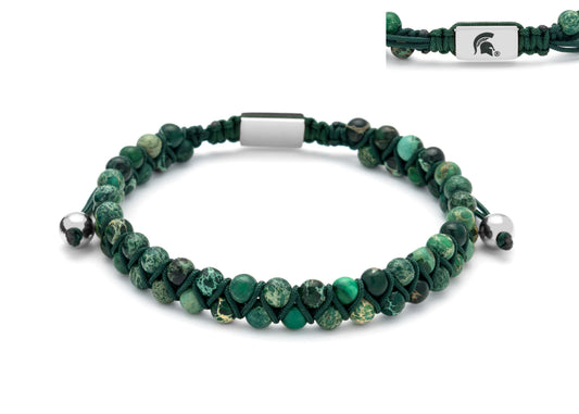 Green and dark green double beaded pull bracelet with silver Spartan Helmet charm.