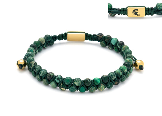 Green and dark green double beaded pull bracelet with gold Spartan Helmet charm.