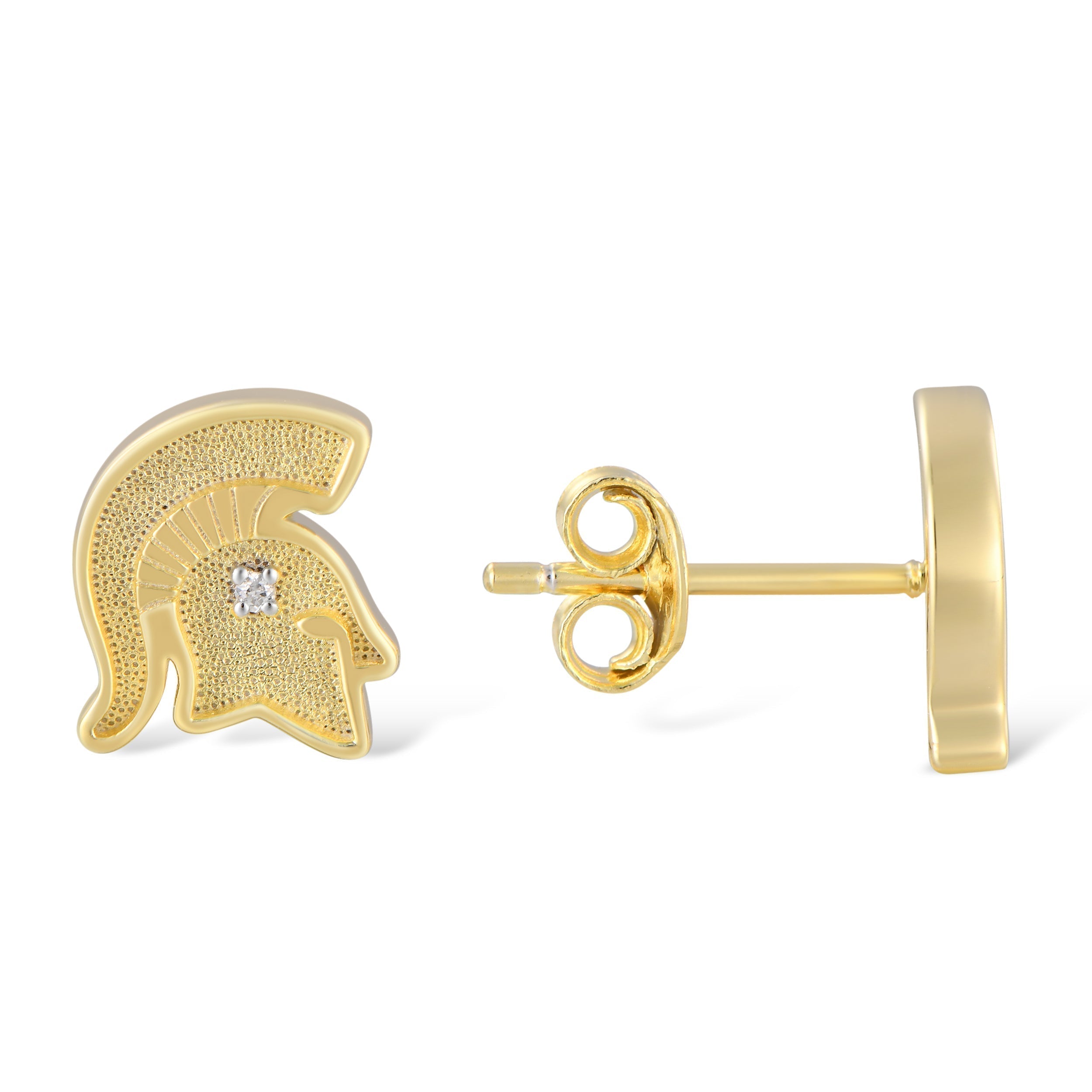 Silver Spartan helmet stud earrings with textured details and a small diamond.