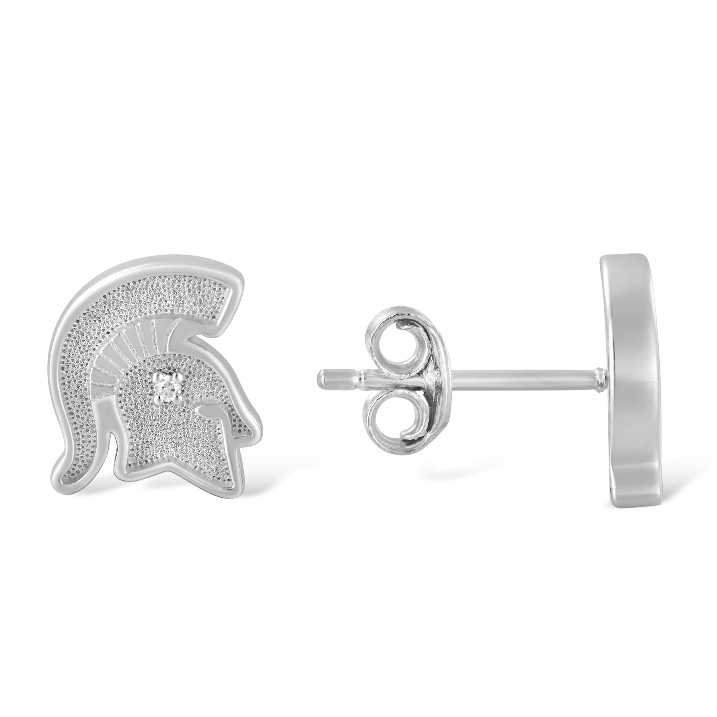 Silver Spartan helmet stud earrings with textured details and a small diamond.