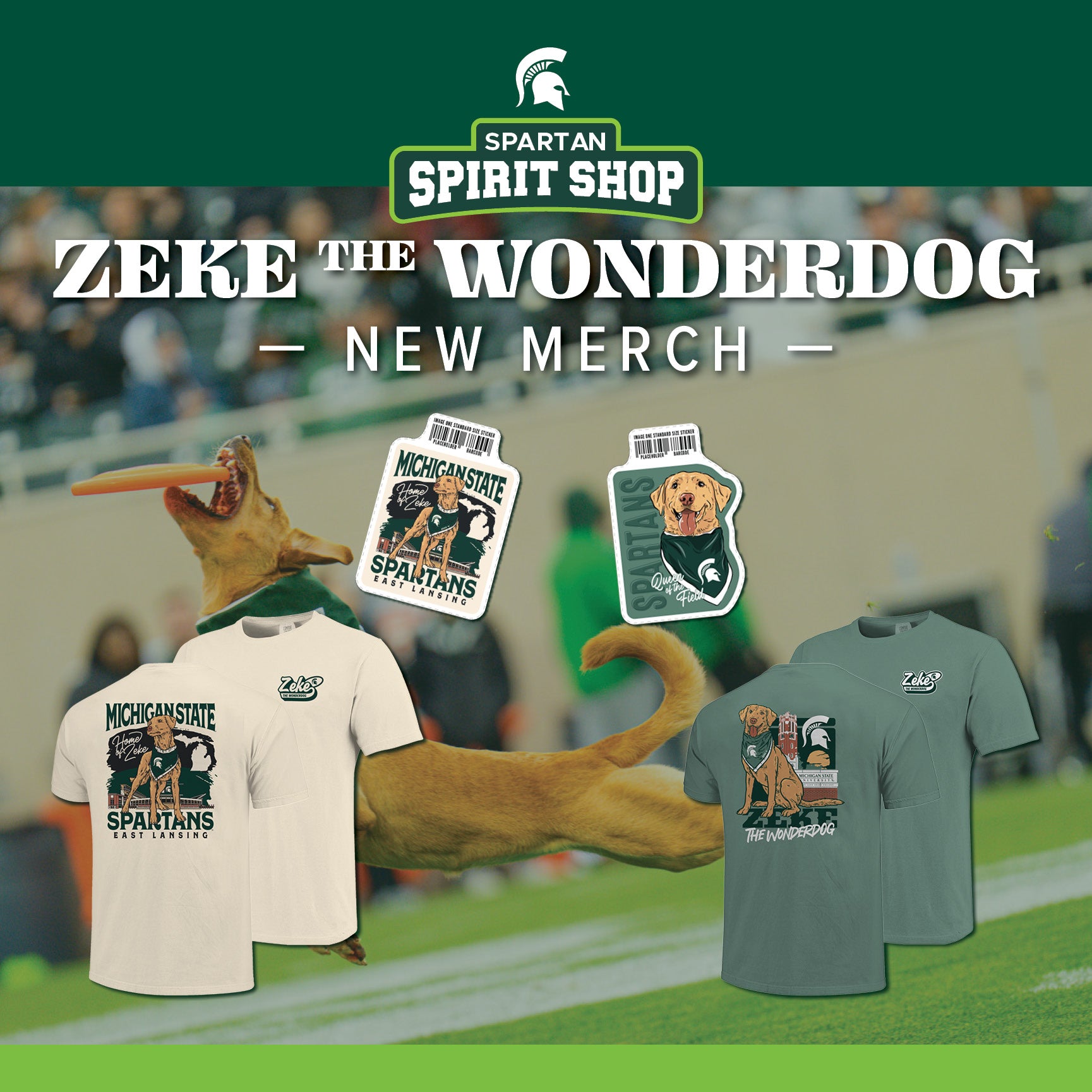 Spartan Spirit Shop Zeke the Wonderdog New Merch. Features two stickers and two t-shirts beside a photo of Zeke catching a frisbee.