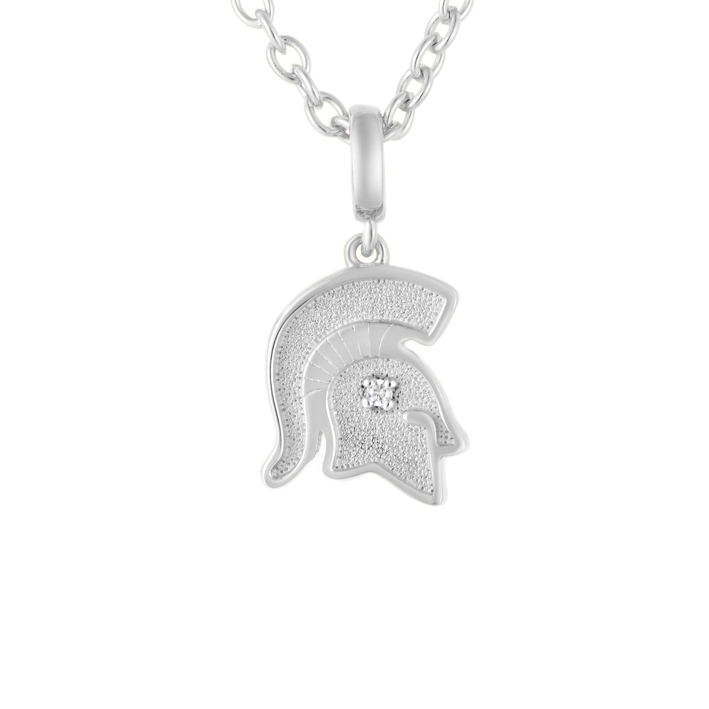 Close up of a small silver Spartan Helmet pendant necklace with a small diamond accent in center of helmet. Shown of a white background. 