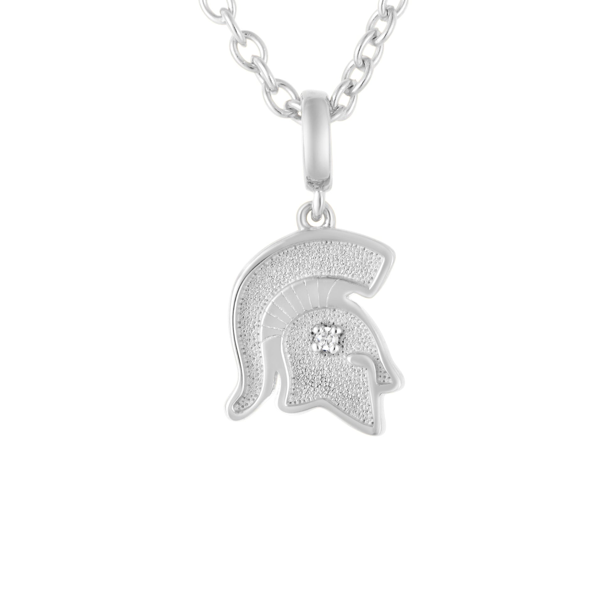 Close up of a small silver Spartan Helmet pendant necklace with a small diamond accent in center of helmet. Shown of a white background. 