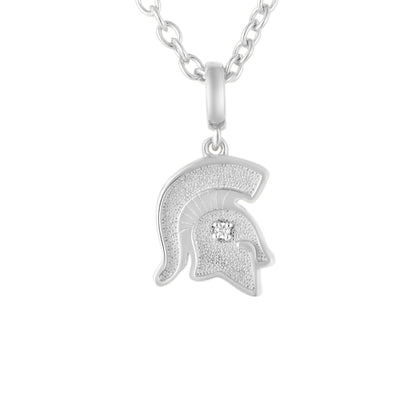 Close up of a small silver Spartan Helmet pendant necklace with a small diamond accent in center of helmet. Shown of a white background. 