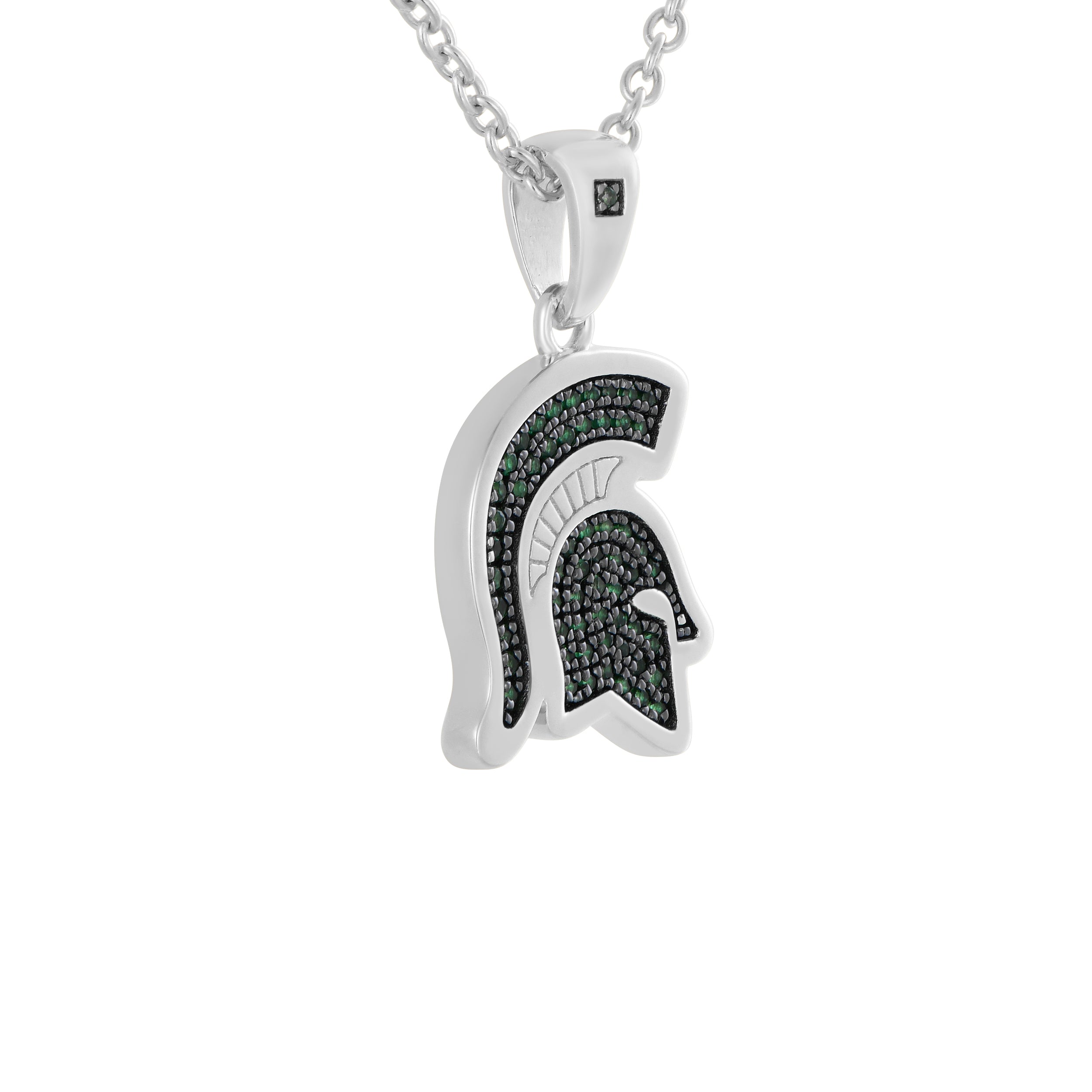 Silver Spartan helmet pendant with green emerald stones on a silver chain.