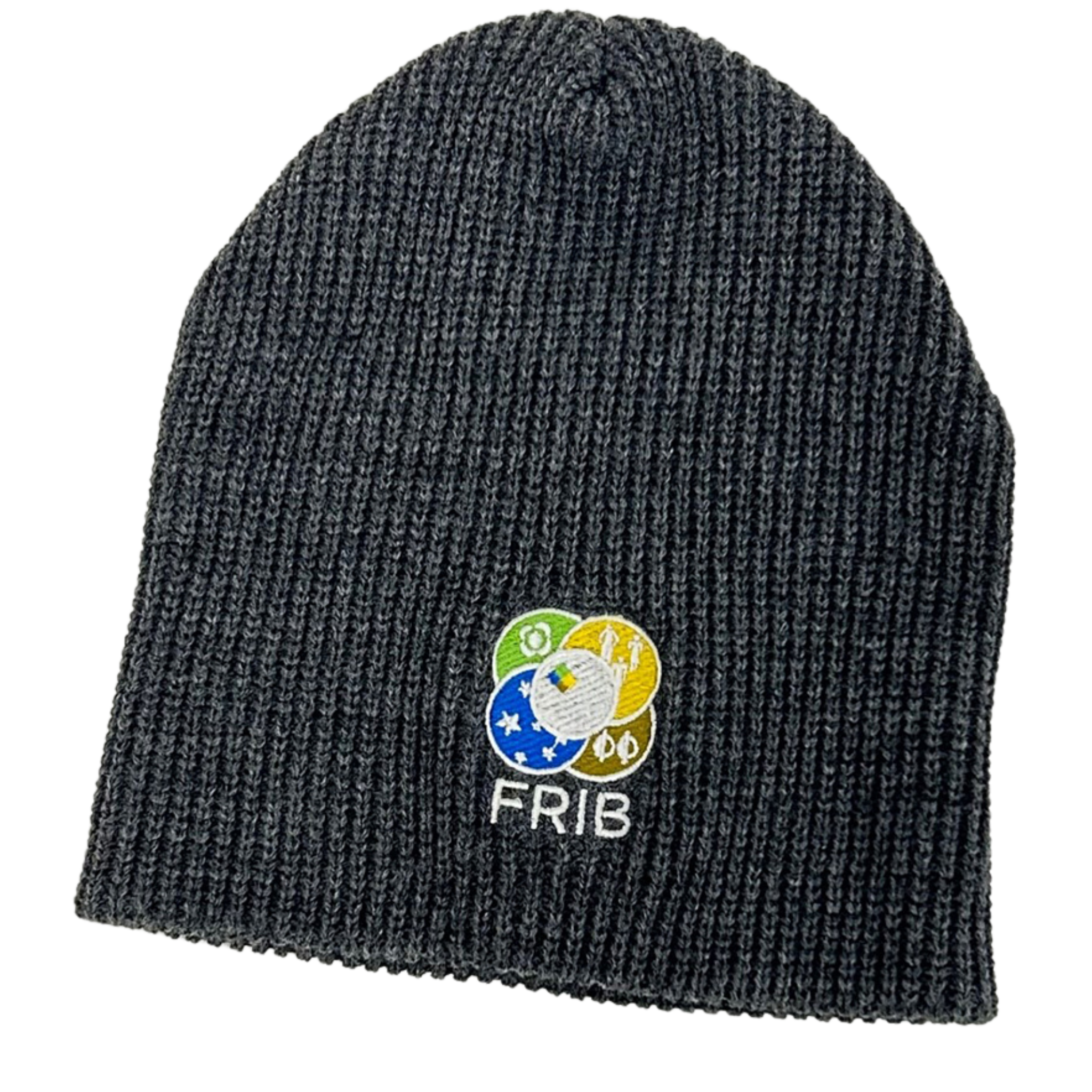 Dark gray ribbed knit beanie with a FRIB logo embroidered on the front.