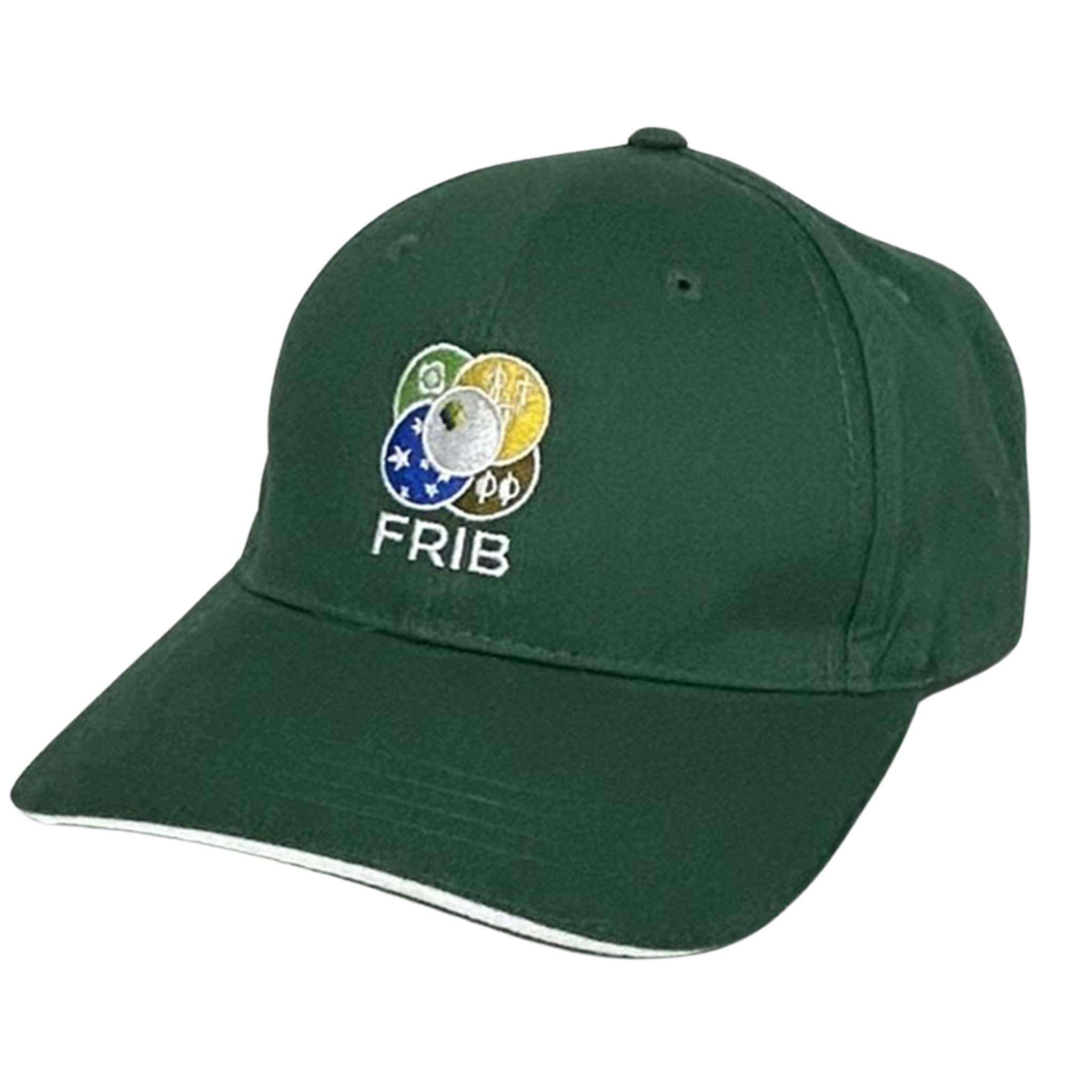 Green six-panel structured ballcap with a sandwich visor with a white center with a FRIB logo embroidered on the front.