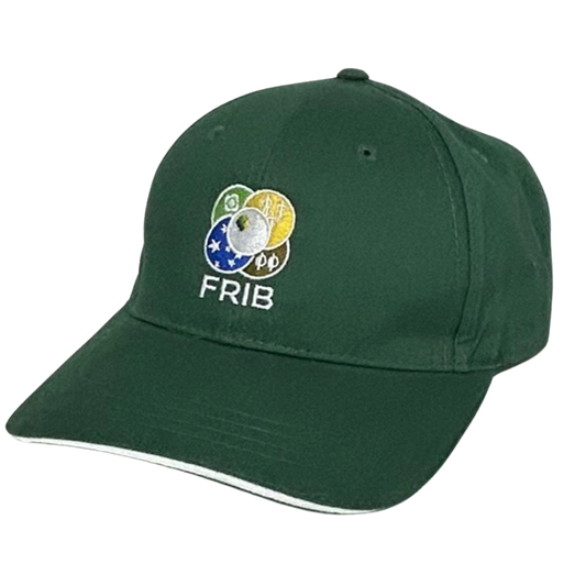 Green six-panel structured ballcap with a sandwich visor and white center. On the front of the hat is an embroidered FRIB logo.