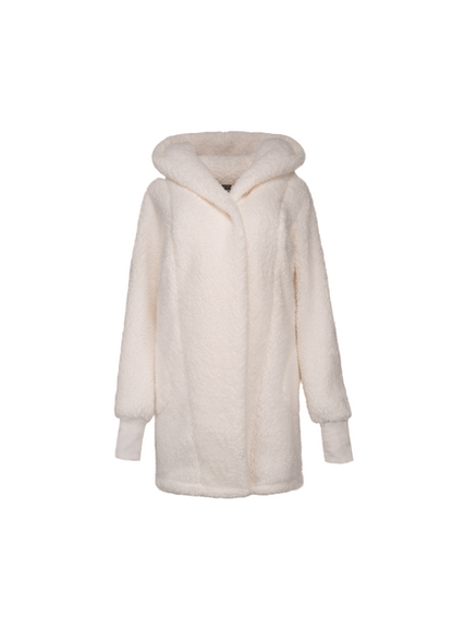 An oversized gray fleece lounger with a hood, thumbholes, and button closure.