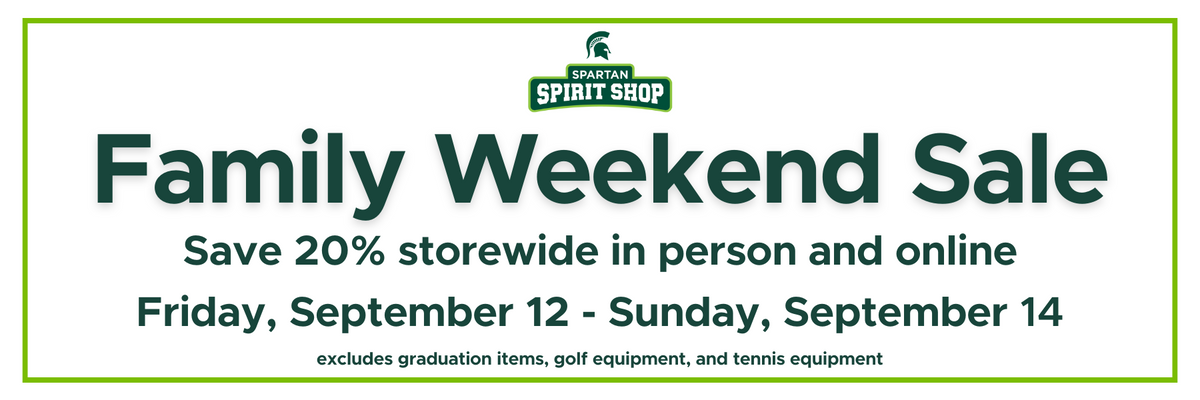 Family weekend sale: Save 20% storewide in person and online, Friday September 12-Sunday September 14. Excludes graduation items, golf equipment, and tennis equipment.