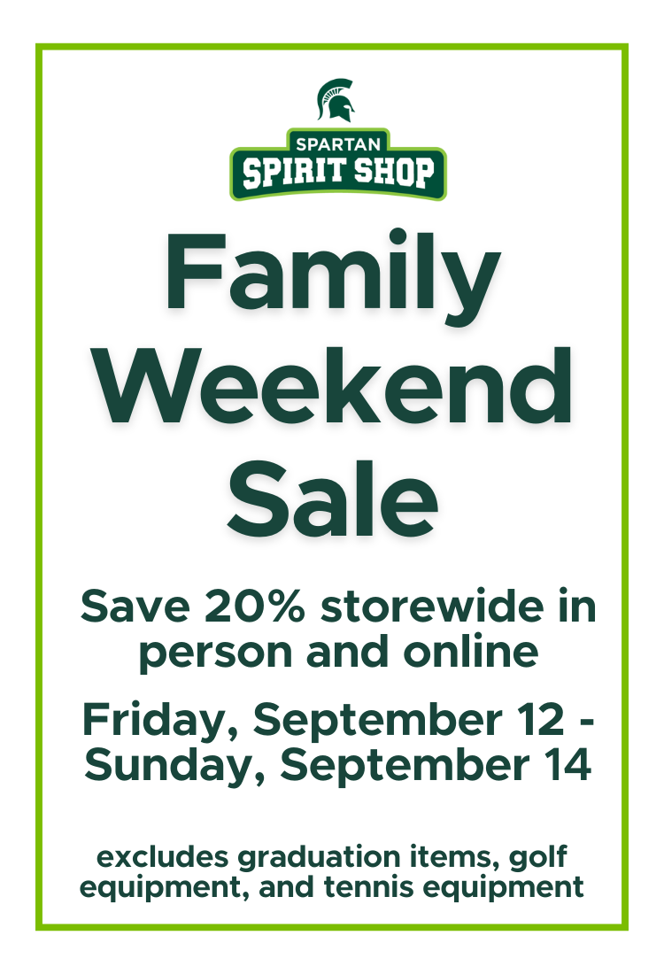 Family weekend sale: Save 20% storewide in person and online, Friday September 12-Sunday September 14. Excludes graduation items, golf equipment, and tennis equipment.