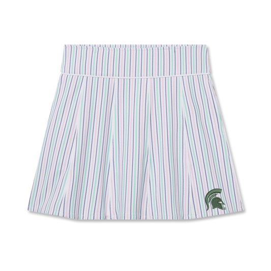 Multicolor vertical striped skort. Embroidered on bottom left hem is a green Spartan helmet. 