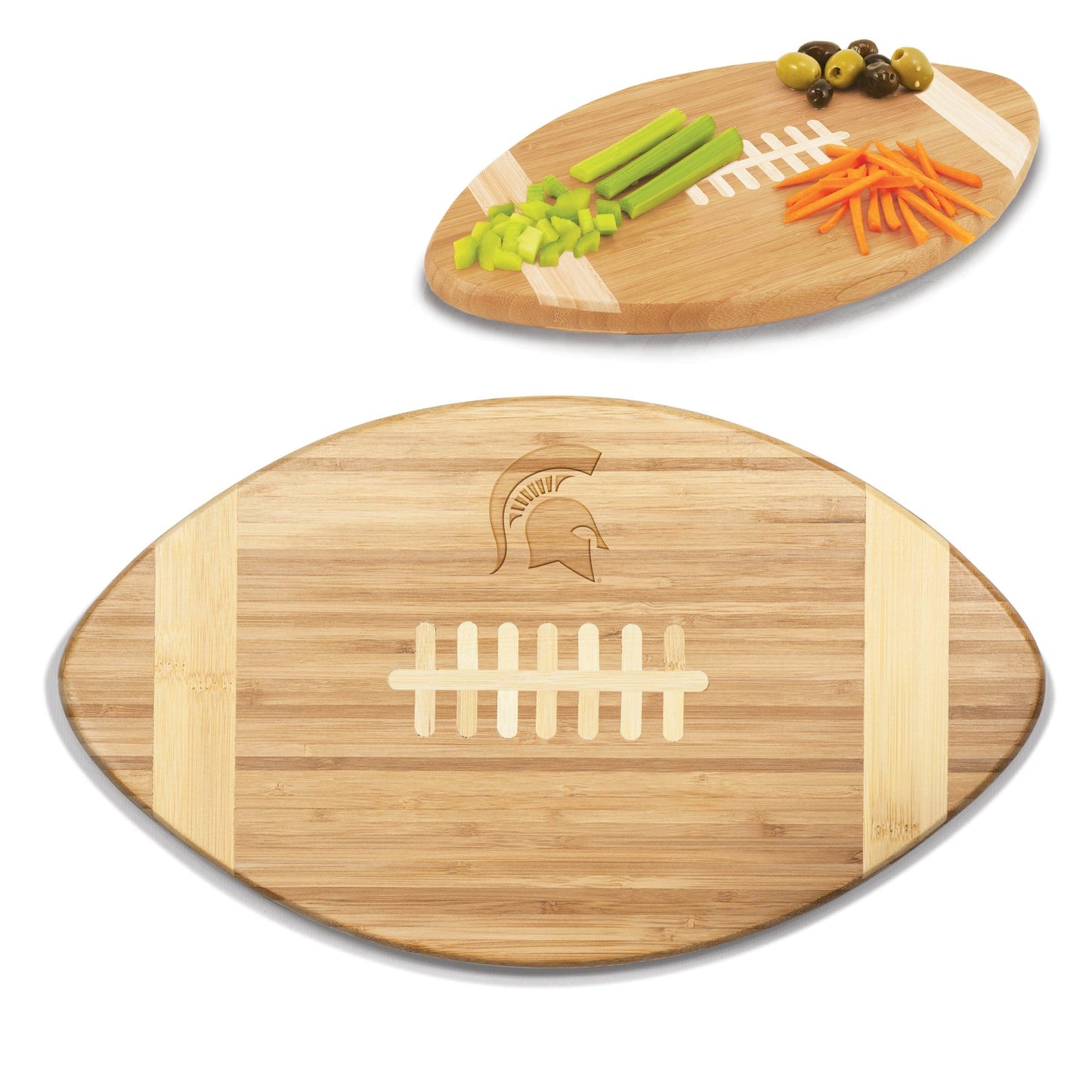 A bamboo cutting board shaped like a football with a Spartan Helmet logo.