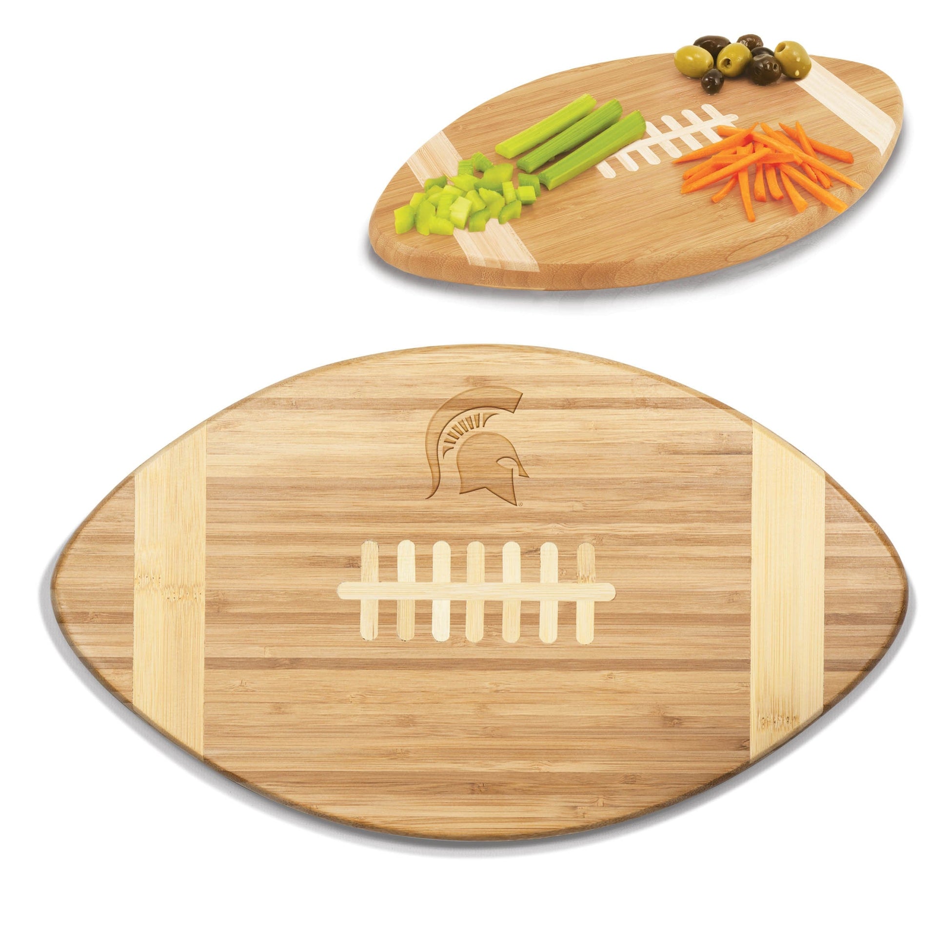 A bamboo cutting board shaped like a football with a Spartan Helmet logo.