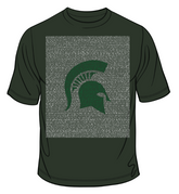 Digital image of a dark green T-shirt with the names of 2026 MSU graduates in white and a green Spartan Helmet logo overlaid. 