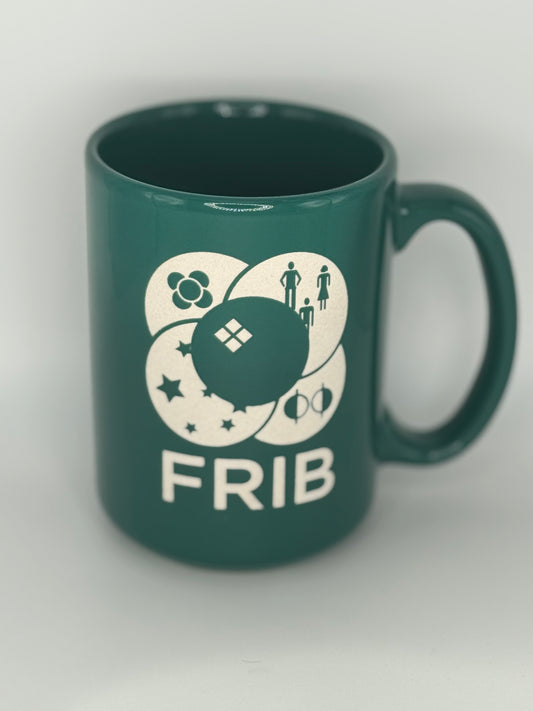 Green ceramic mug with the acronym 'FRIB' printed in white on the front with the FRIB logo above it in white. Shown on a white background. 