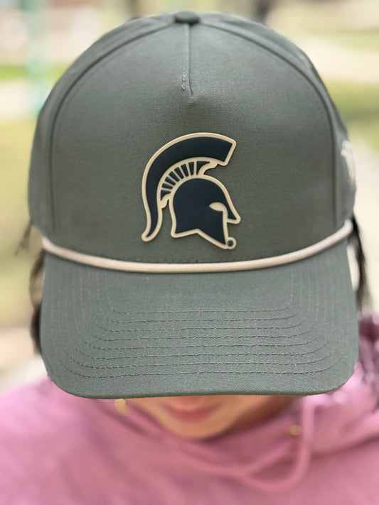 Gray hat with a Spartan Helmet logo outlined in white and a white thin rope that borders the bill and body of the hat.