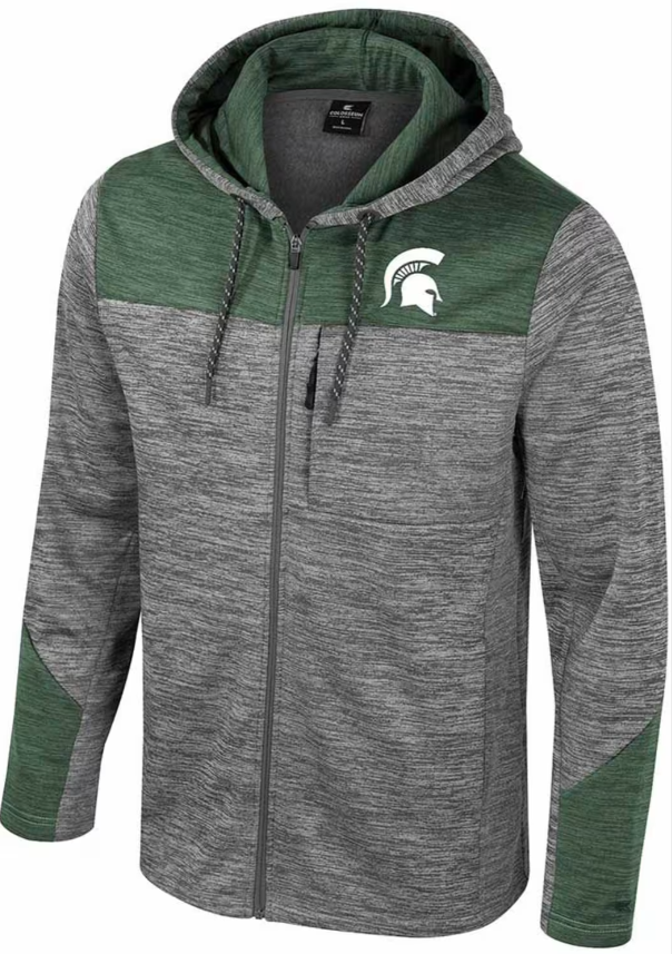 A gray and green full-zip jacket with a white Spartan Helmet on the upper left chest.