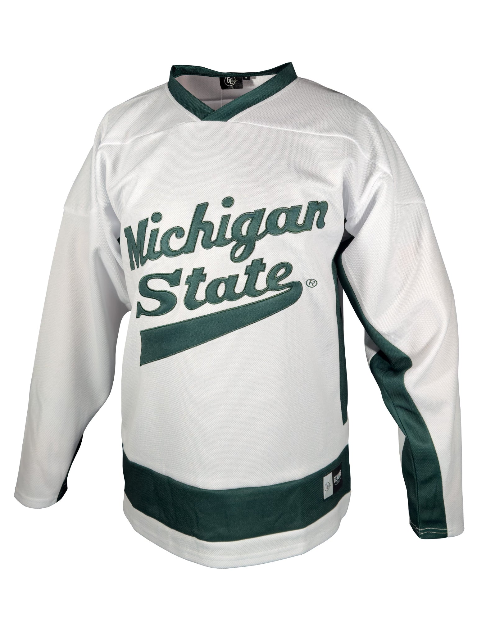 A white, long-sleeved hockey jersey with "Michigan State" on the chest in green.