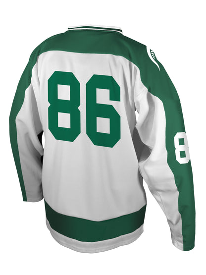 Back of a green and white hockey jersey with the number "86" printed largely in green. Shown on a white background.
