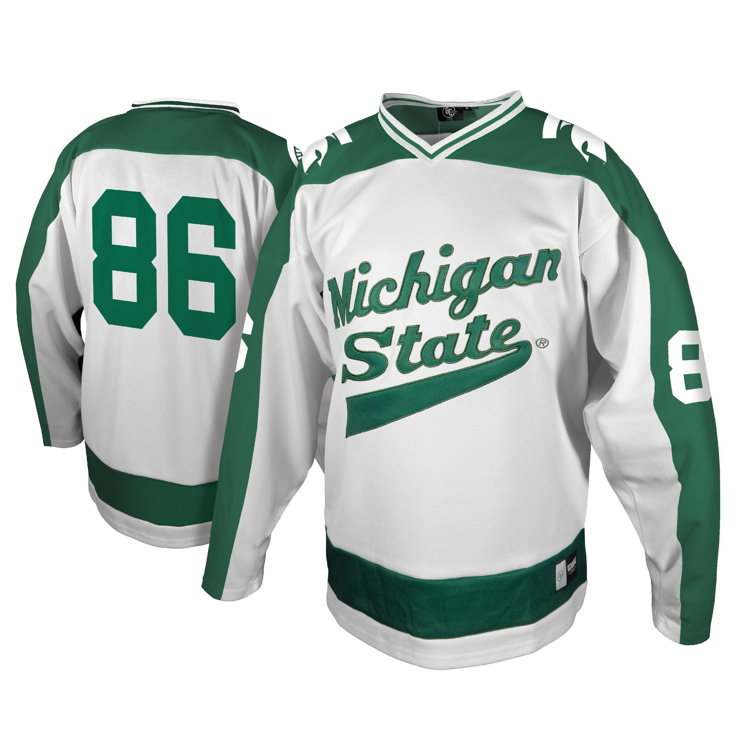 Front and back of a green and white hockey jersey with "Michigan State" script text and the number "86" on the sleeves and back in green. On each shoulder is a white Spartan Helmet logo printed on. Shown on a white background. 