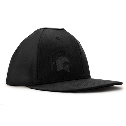 Black flat-brim cap with an embossed Spartan helmet logo on the front panel.